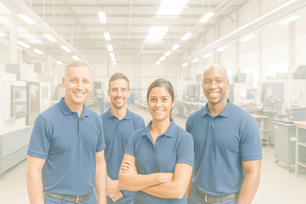 Happy team in a clean factory